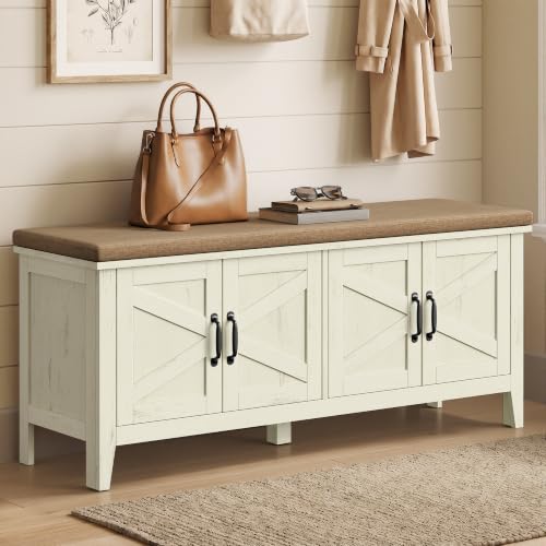 Farmhouse White & Walnut Shoe Bench with Cushion, 47.2-Inch Entryway Storage - Rustic White + Walnut Brown