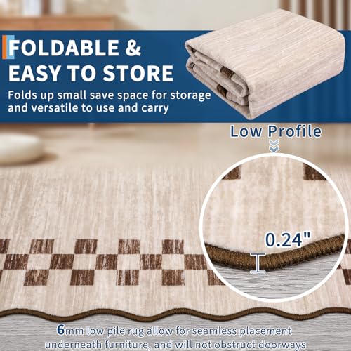 Machine Washable 8x10 Rug for Living Room - Scalloped Beige Large Bedroom Rug