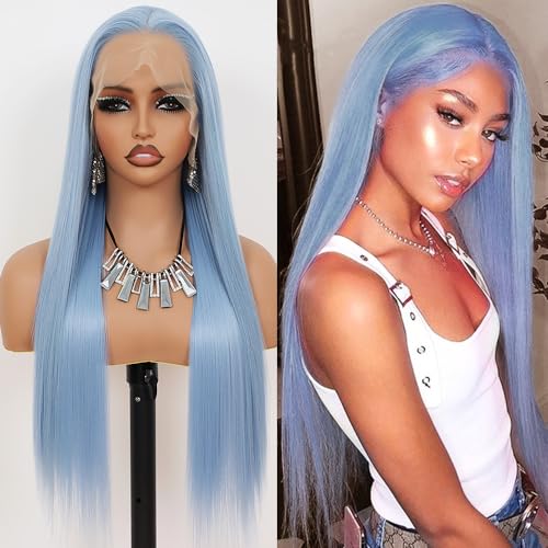 Ice Blue Lace Front Wig 24 Inch Long Straight Synthetic Hair for Women - Glueless, Natural Hairline