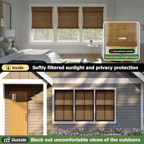 Cordless Bamboo Roman Shades - Highfield Teak, 35x64 Inches, Natural Window Covering - Privacy Variation
