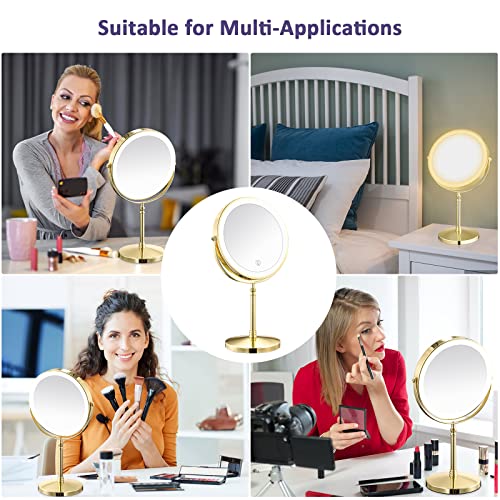 Gold Lighted Makeup Mirror with 10X Magnification, 8-Inch Rotatable Vanity Mirror - Variation: Gold