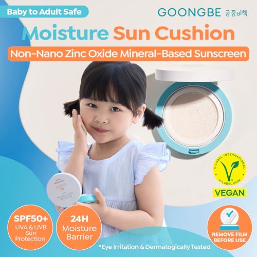 GOONGBE Moisture Sun Cushion SPF50 Kids & Babies Travel Sunblock - Reef-Safe, Vegan, Mineral Sunscreen, UV Indicator, 0.81oz - Sun Cushion SPF50