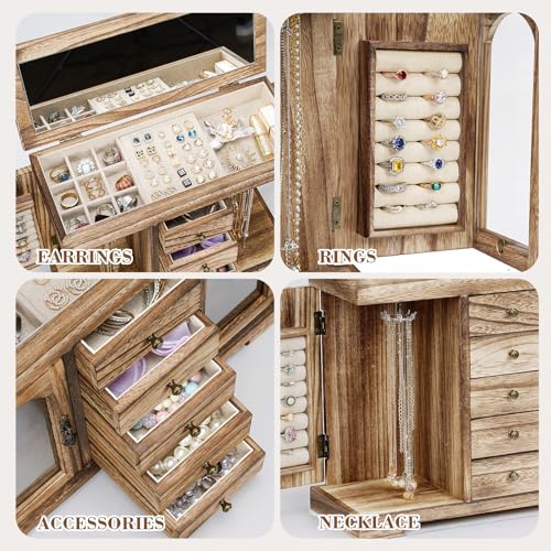 Miratino Bronze Wooden Jewelry Box for Women Girls - 5 Layer Organizer with Mirror