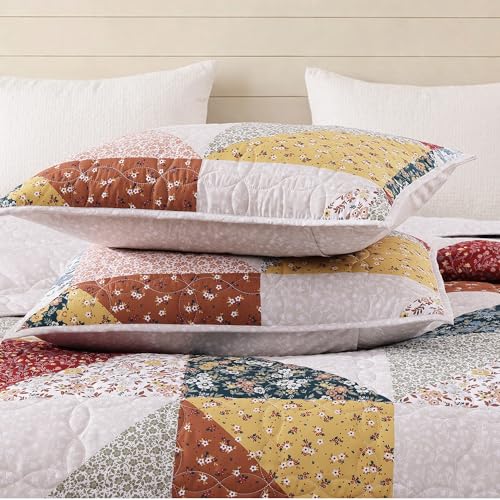 King Quilt Set 3 Pieces - Burnt Orange Floral Patchwork Coverlet - Soft & Reversible Bedding
