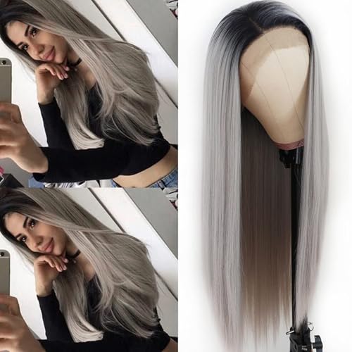 PlatinumHair Ombre Gray Lace Front Wig 24 Inch Long Straight Synthetic Heat-Resistant Fiber for Women - Pack of 1