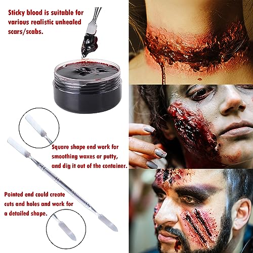 Professional Halloween SFX Special Effects Makeup Kits, Fake Blood, Scab Coagulated Blood Gel, 12 Colors Face Body Paint, Wound Modeling Scar Wax With Spatula Tool, Brushes, Stipple Sponge, Adhesive
