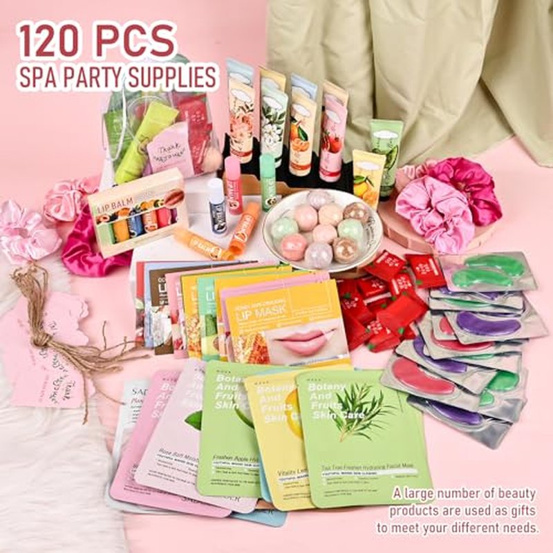 120 PCS Spa Party Supplies for Women Include Face Masks Skincare, Under Eye Patches, Lip Mask, Lip Balm, Hand Cream, Foot Bath Bombs, Compressed Towel, Hair Band, Sleepover Party Supplies