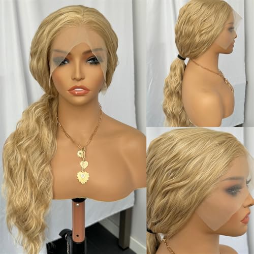 Ash Blonde Long Body Wave Lace Front Synthetic Wig 24 Inch for Women - Heat Resistant Fiber