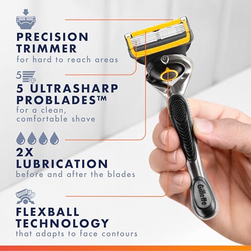 Gillette ProGlide Shield Men's Razor, 5 Bladed Razor, with Precision Trimmer, Comfortglide Lubrication, Glide and Comfort, Handle + 4 Blade Refills, Holiday Gifts for Men
