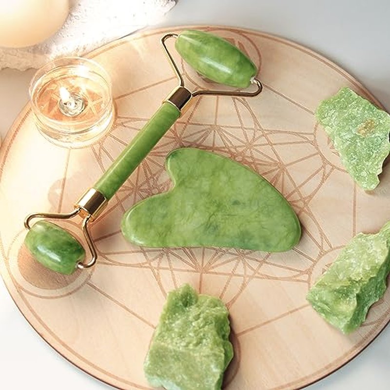BAIMEI 2 Gua Sha Stones & 1 Jade Facial Roller Massage Set