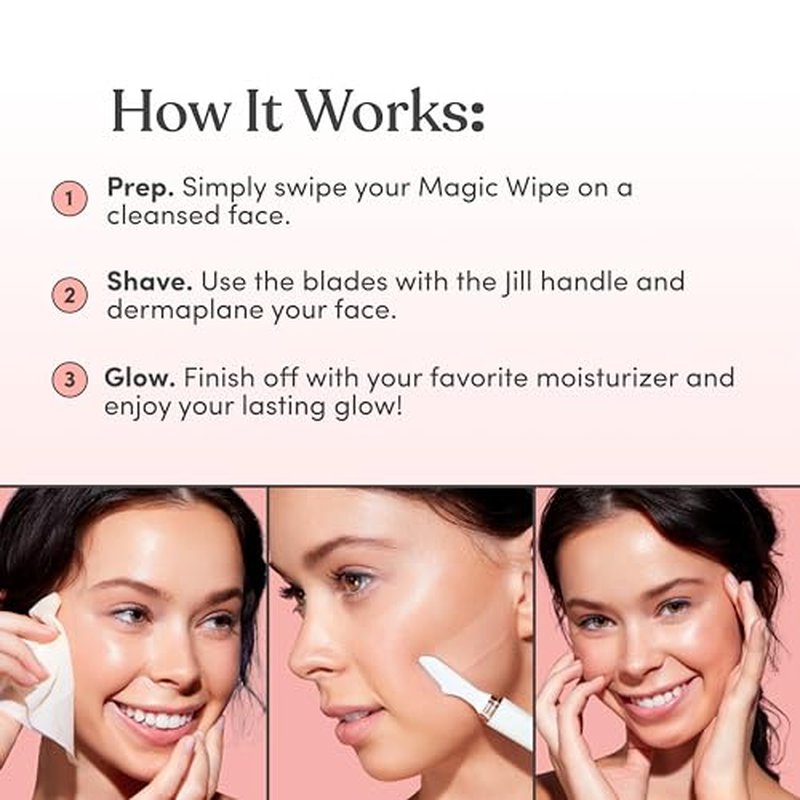 Jill Magic Wipes | Dermaplane Oil Wipes for Pre-Shave Dermaplaning Skin Prep, for All Skin Types, Vegan-Friendly Ingredients Vitamin E + Argan Oil, 6 Pack