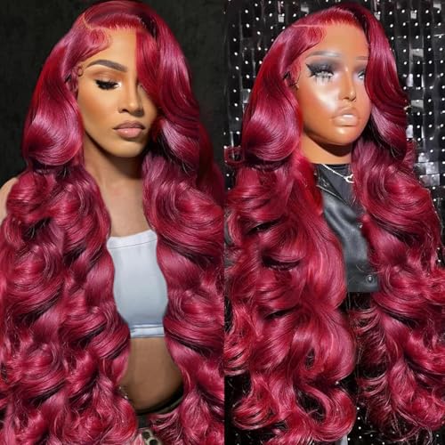 24 Inch Burgundy Lace Front Wigs Human Hair 13x4 HD Transparent Body Wave Pre Plucked 180% Density Glueless