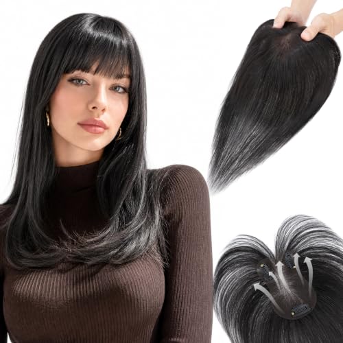 Human Hair Topper for Women 11 Inch Black Natural Black with Bangs - Tangle-Free & Breathable