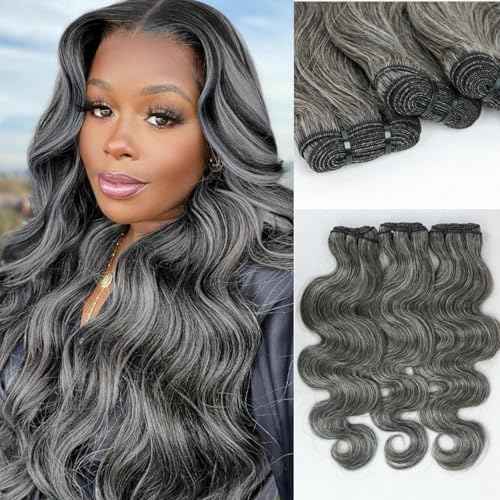 SIYUSI Salt and Pepper Human Hair Bundles 12 14 16 Inch Body Wave Human Hair 3 Bundles 100% Unprocessed 12A Brazilian Hair Weave Extensions Natural Gray-White Color