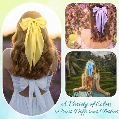 Large Satin Hair Bows Set - 32 Colorful Oversized Hair Ribbons with Long Tails for Women & Girls - Non-Slip Hair Clips & Elegant Styling