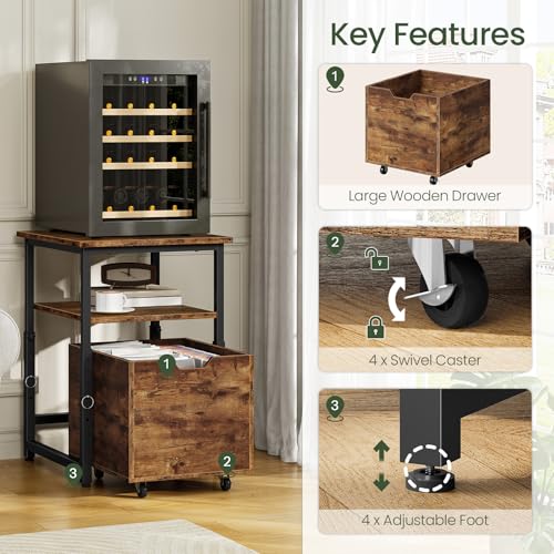 Adjustable Mini Fridge Stand with Storage and Pull-Out Drawer - Rustic Brown & Black