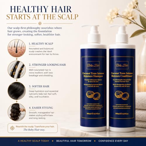Baby Hair Coconut Tress™ Intense Moisture Shampoo & Conditioner Set - Deep Hydrating Hair Care Duo with Coconut Milk, Macadamia & Camellia Oils - 16.9 oz Each - For Soft, Manageable Hair