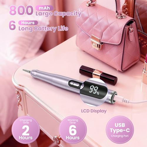 Cordless Nail Drill with LCD Display - 35000RPM Rechargeable Manicure & Pedicure Tool - Purple