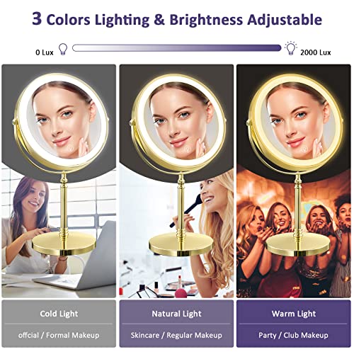 Gold Lighted Makeup Mirror with 10X Magnification, 8-Inch Rotatable Vanity Mirror - Variation: Gold