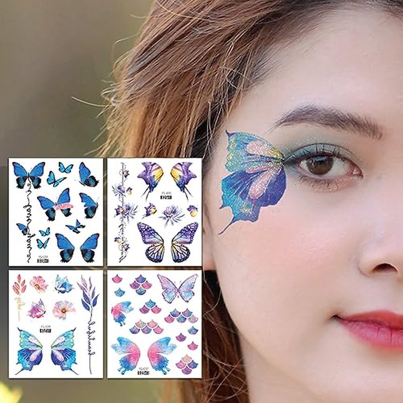 14 Sheets Glitter Butterfly Temporary Tattoos Sticker for Eye Face Makeup Decoration, Body art tattoo stickers Shiny Butterflies Waterproof Fake Tattoos for Women Girls Festival Party Eye Decor