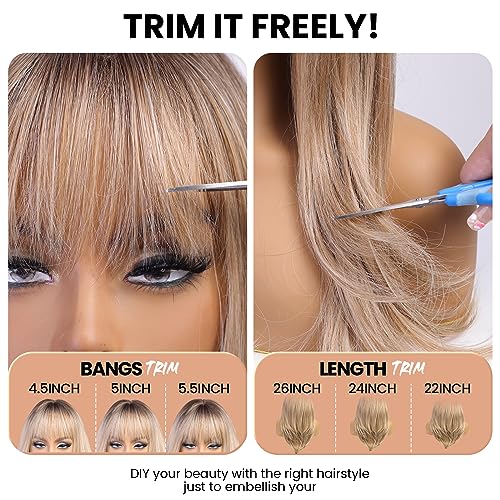 Ombre Light Brown Long Straight Wig with Bangs - Synthetic Cosplay & Daily Use, 26"