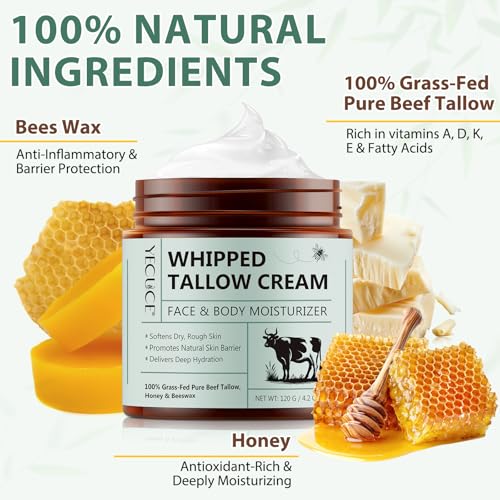 ReliCo Beef Tallow for Skin Moisturizer - Organic Whipped Grass Fed Beef Tallow with Honey Cream for Body, Unscented, 2pcs