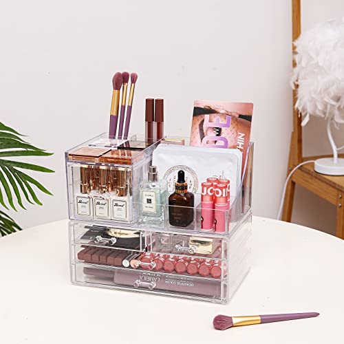 Cq Acrylic 2-Pack Clear Makeup Organizer with 5 Stackable Drawers & Top Holder