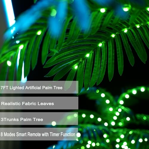7FT Lighted Artificial Palm Tree with Three Trunks and 260 LEDs - Indoor & Outdoor Tiki Decor - Electric Variation