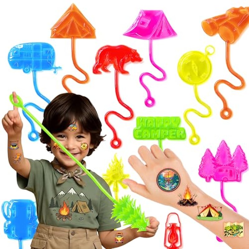 48PCS Camping Party Favors - 24PCS Temporary Tattoos & 24PCS Stick Hands Party - Perfect Birthday Party Supplies, Goodie Bag Stuffers, Treasure Box Toys, Classroom Prizes, and Student Gifts