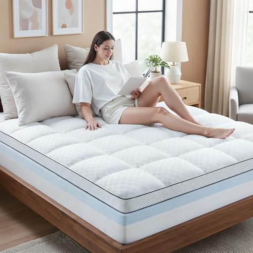 Easthome Full Size Dual Layer Memory Foam Mattress Topper - White, 4 Inch Thick, Gel & Pillow Top