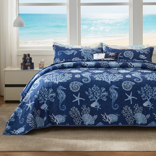 LEAONME Coastal California King Quilt Set Navy Reversible Microfiber Bedspread