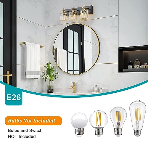HUOKU Black Gold Round Shade 3-Light Crystal Bathroom Vanity Light Fixture