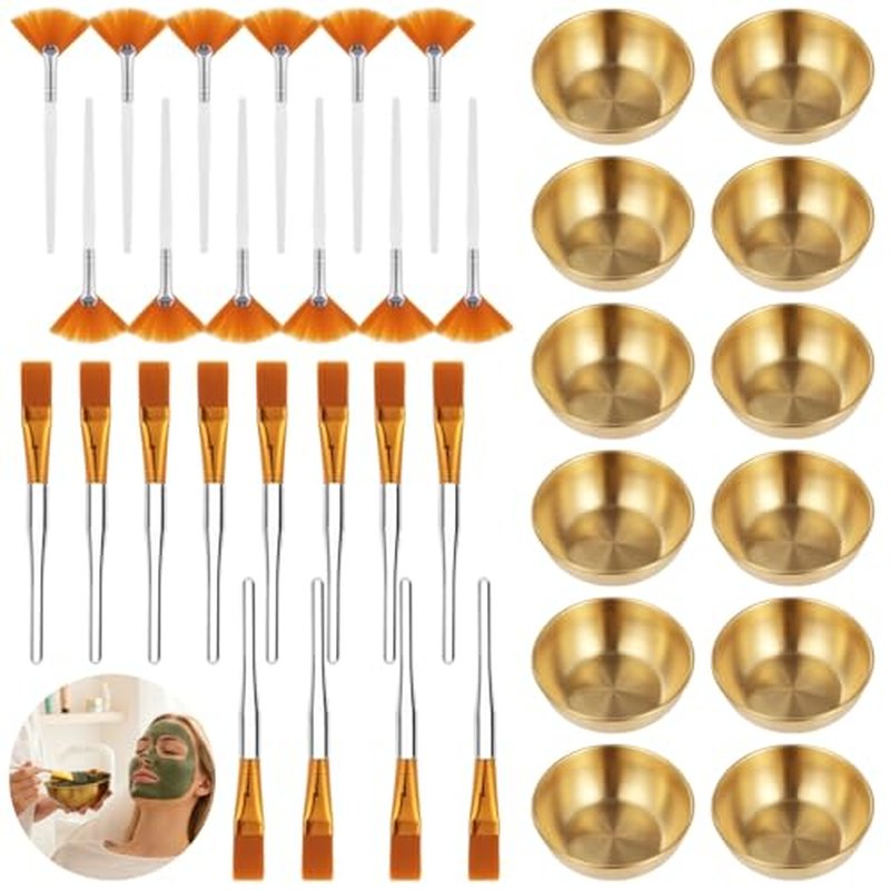 36 Pcs Esthetician Supplies for Facials Set, 12 Golden Stainless Steel Mixing Bowls, 12 Fan & 12 Detail Brushes, Facial Masks Brushes for Even Masks Application, Women Clay Masks Mixing Tools Kit