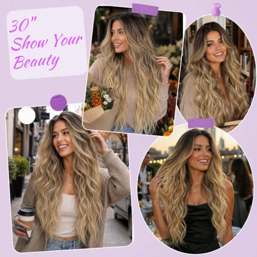 Long Ombre Blonde Wigs for Women - 30 Inch Wavy Synthetic 4x2 Lace Front - Natural Volume, Glueless Fit