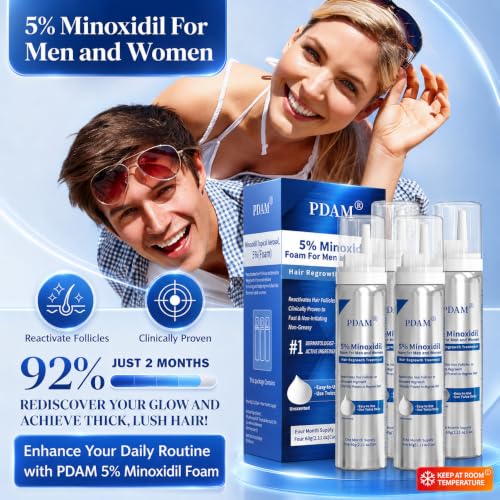 PDAM 5% Minoxidil Foam for Hair & Beard Growth - 4 Pack, 0.25 Fl Oz Each