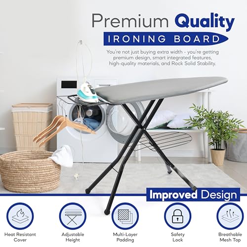 Extra-Wide Ironing Board 48x18 Inches with Built-in Clothes Rack & Heat-Resistant Cover