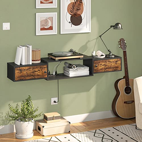 Floating TV Stand with Power Outlet - Rustic Brown & Black Wall-Mounted Media Console Shelf for 32-65 Inch TVs