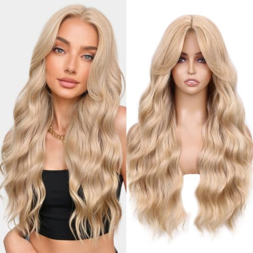 Lightweight Blonde Lace Part Wavy Wig with Curtain Bangs - 26 Inch, Natural Look
