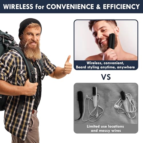 Beard Straightener for Men - Cordless Heated Beard Straightening Comb with LCD, Beard and Hair Straightener Brush Hot Comb, Anti-Scald & Automatic Shut-Off, Portable for Travel