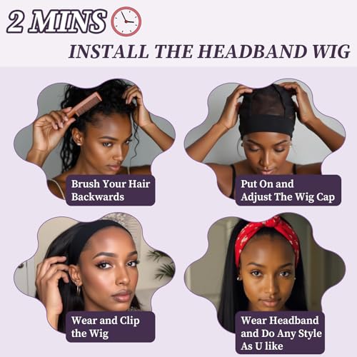 PREMPO 20 Inch Black Long Wavy Headband Wig for Women - 180% Density, Glueless Half Wig, Synthetic, Wear & Go