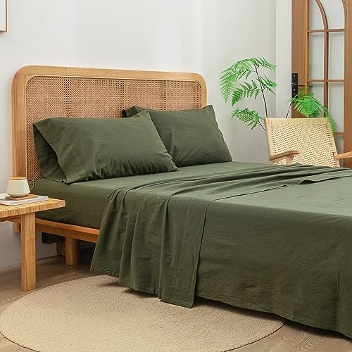 King Size Olive Green Cotton Linen Feel Sheet Set - Washed 100% Cotton, Deep Pocket