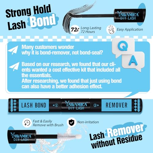 Yawamica Lash Extension Kit Fluffier 150D+200D Lash Clusters Eyelash Extension Kit 12-20mm Individual Lashes with Lash Bond, Lash Remover, Lash Tweezers for DIY Lashes Extension(150D+200D-12-20MM Kit)