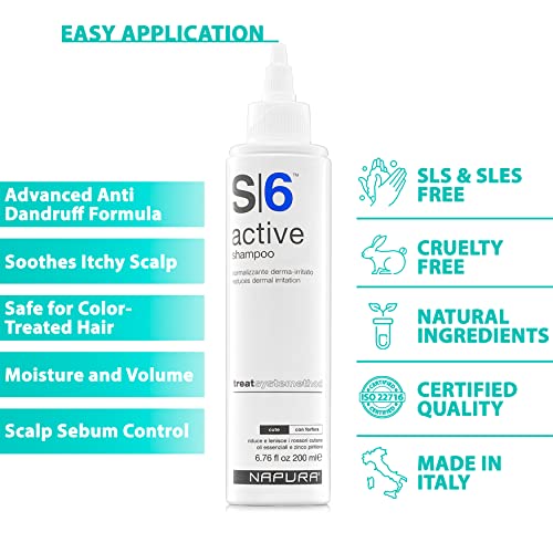 Napura S6 Anti Dandruff Shampoo with Tea Tree Oil & Zinc 6.76 fl oz - Natural Itchy Scalp Treatment, Sulfate-Free, for Men & Women