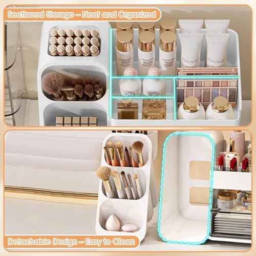 Makeup Organizer with Brush Holder for Vanity, Countertop Organizer with Drawers, Skincare Cosmetic Display Case for Beauty Essentials, Women Bathroom Make up Storage Solution for Dresser Counter