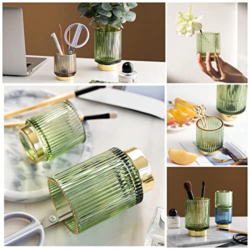 DASITON Makeup Brush holder Organizer, Crystal Cosmetic Makeup Brush Glass Brushes Storage Holder, Vintage Make Up Brush Cup Pen Pencil Holder striped vase(Green S+L)