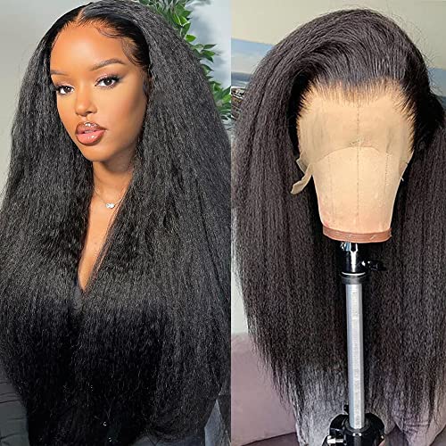 24 Inch Kinky Straight Lace Front Wig for Black Women - Human Hair, Pre Plucked with Baby Hairs, HD Transparent Lace, 180% Density, Variation 1B
