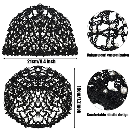 MTLEE 2 Pcs Black Mesh Crochet Pearl Hair Snood Rayon Knit Crocheted Sleeping Cap Net for Women Long Curly Hair