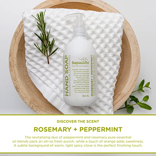 Sapadilla Liquid Hand Soap - Rosemary + Peppermint - Made with 100% Pure Essential Oil Blends, Cleansing & Moisturizing, Aromatic & Fragrant Hand Soap, Plant Based, Biodegradable, 12 Ounce (Pack of 1)