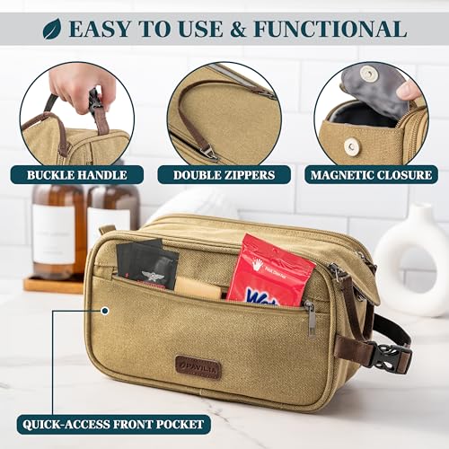 Khaki Large Travel Toiletry Bag for Men – Water-Resistant Shaving Organizer 12.5x6x7 Inches