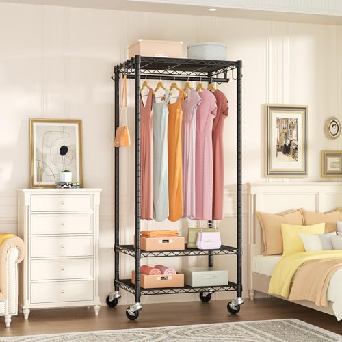 FUTASSI Mini Black Rolling Clothes Rack with Adjustable Shelves & Heavy Duty Support
